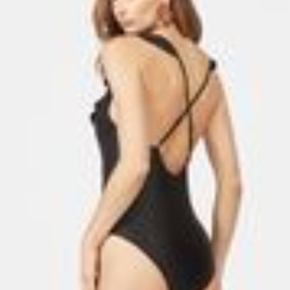 Black Ruffle V Neck Lac Up One Piece Swimsuit - Picture 3 of 3